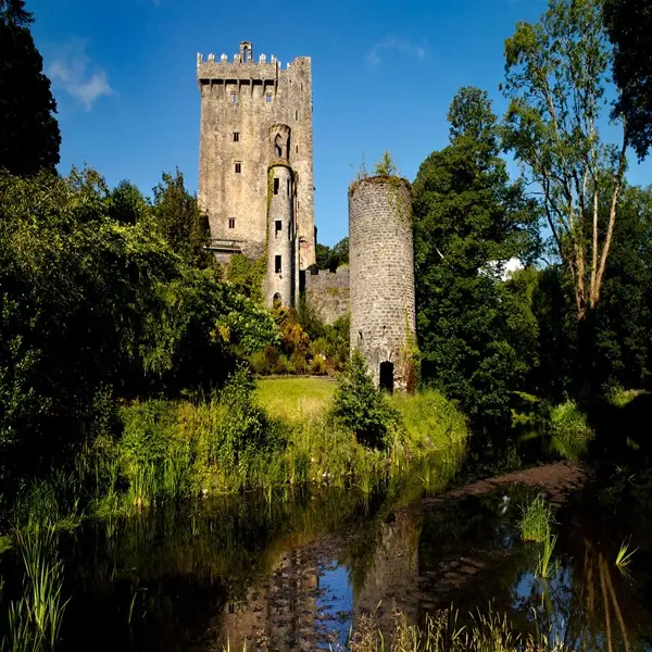Historic Blarney Castle with stone towers, surrounded by greenery and a moat, under a clear blue sky in Ireland.