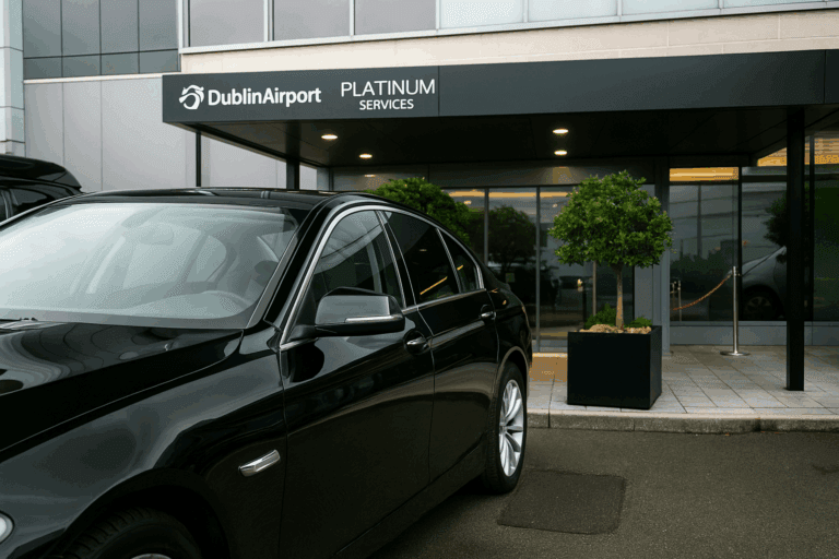 Irish Chauffeur Transfers vehicle outside Dublin Airport Platinum Services, showcasing premium private airport transfer service.