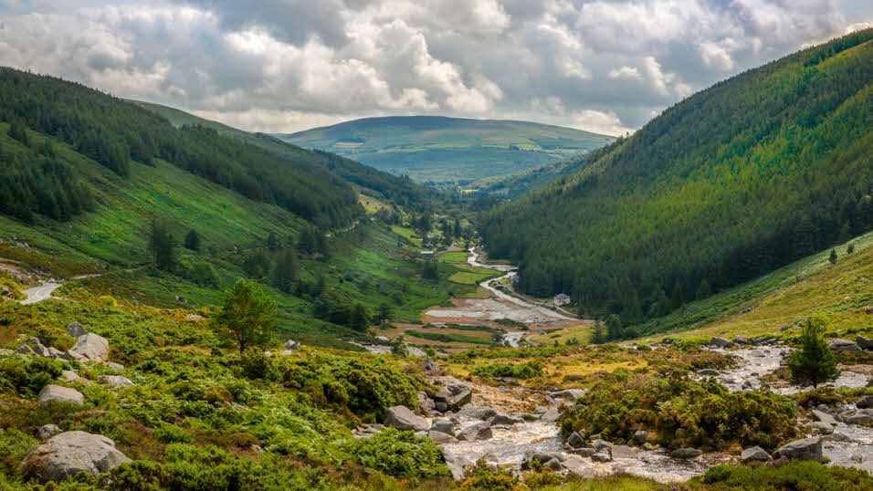 Wicklow Valley landscape seen on a custom tour with a private driver in Ireland, featuring green hills and a winding river