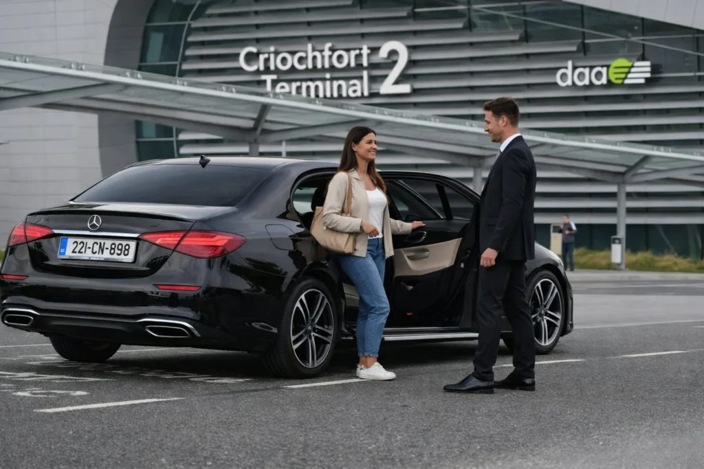Woman being dropped off at Dublin Airport with a professional chauffeur opening the door of the car