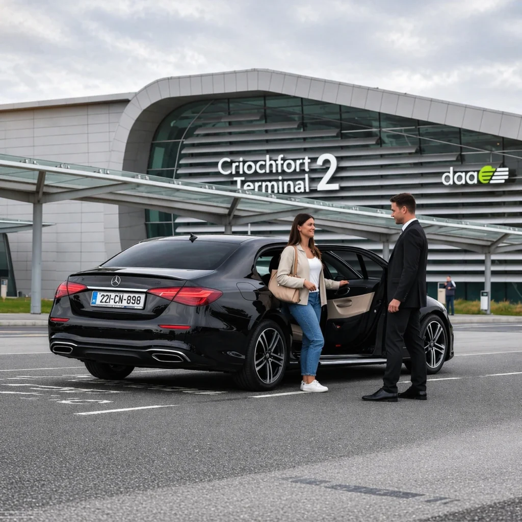 Woman being dropped off at Dublin Airport with a professional chauffeur opening the door of the car