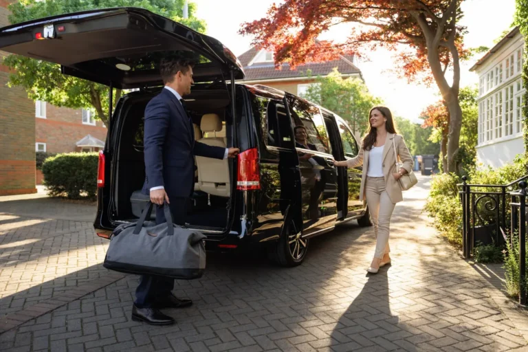Professional chauffeur assisting a client with luggage beside a luxury van during a private transfer in Dublin