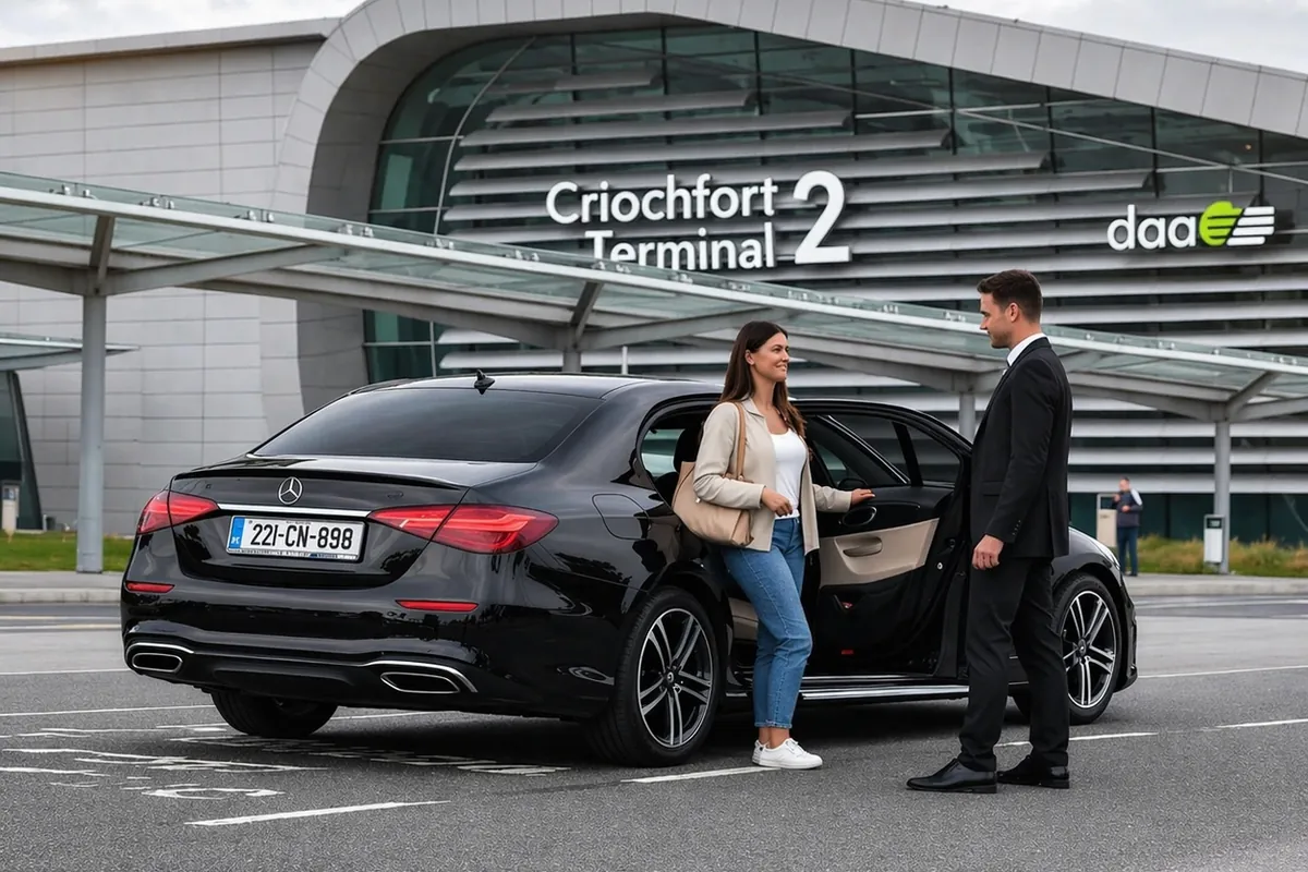 Chauffeur opening the door of the car for a lady client, who just arrived at Dublin Airport