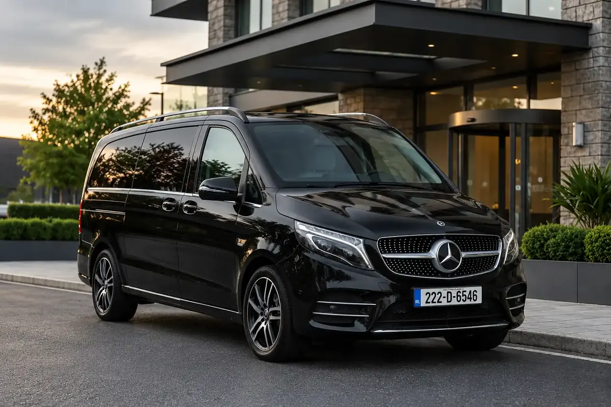 Black Mercedes V-Class parked outside a building